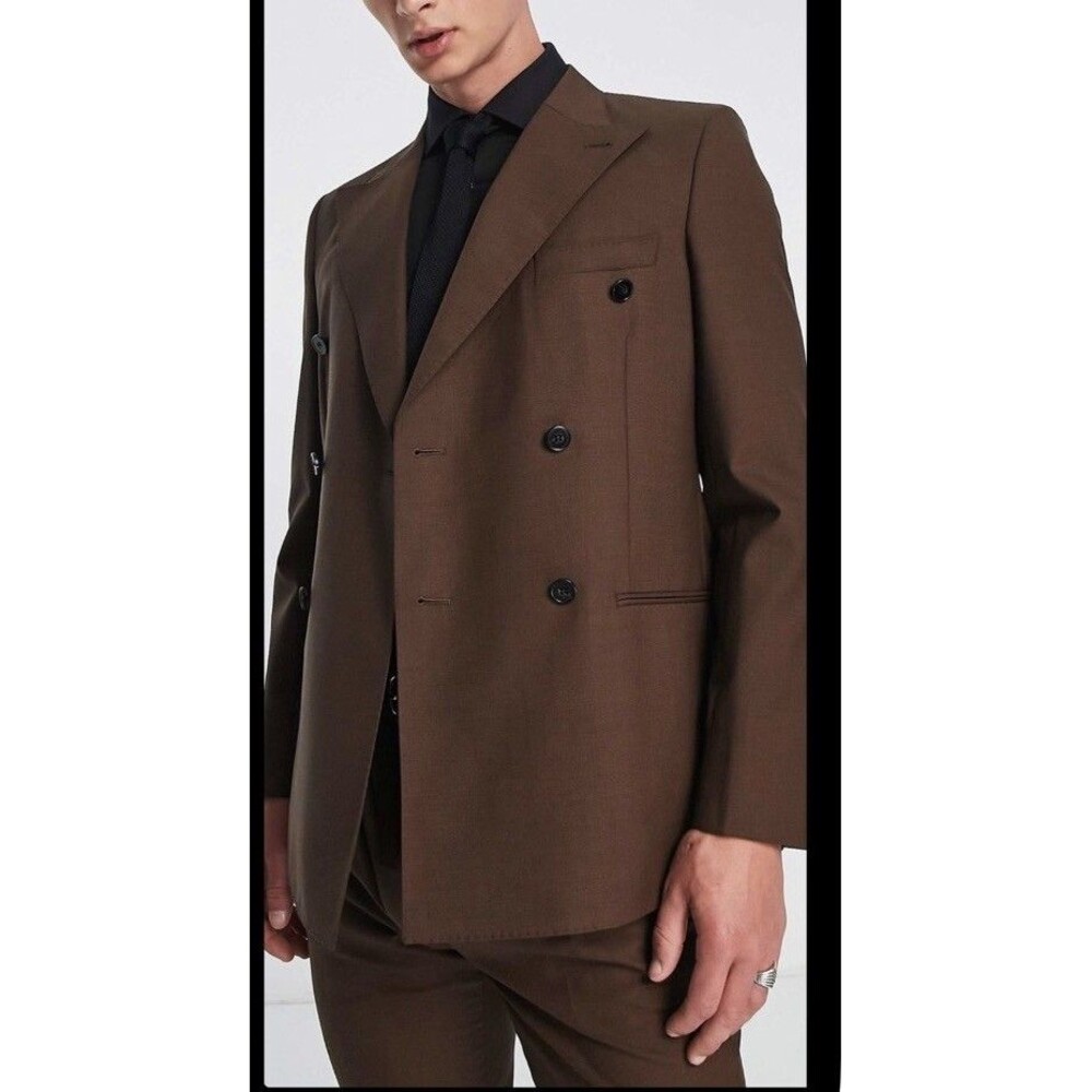 NOAK Double Breasted Suit 38R Brown Wool Peak Lapel W32 L30 NWT